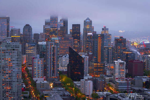 View of downtown Seattle from top of space needle, night photography . 
Metal print , acrylic print for office wall decor 