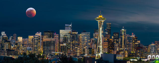 Seattle night skyline panorama photo print with Moon 