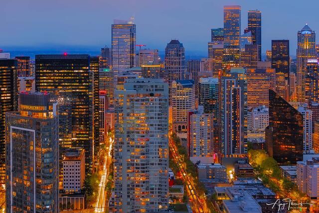 Ariel night view of Seattle downtown from Space needle