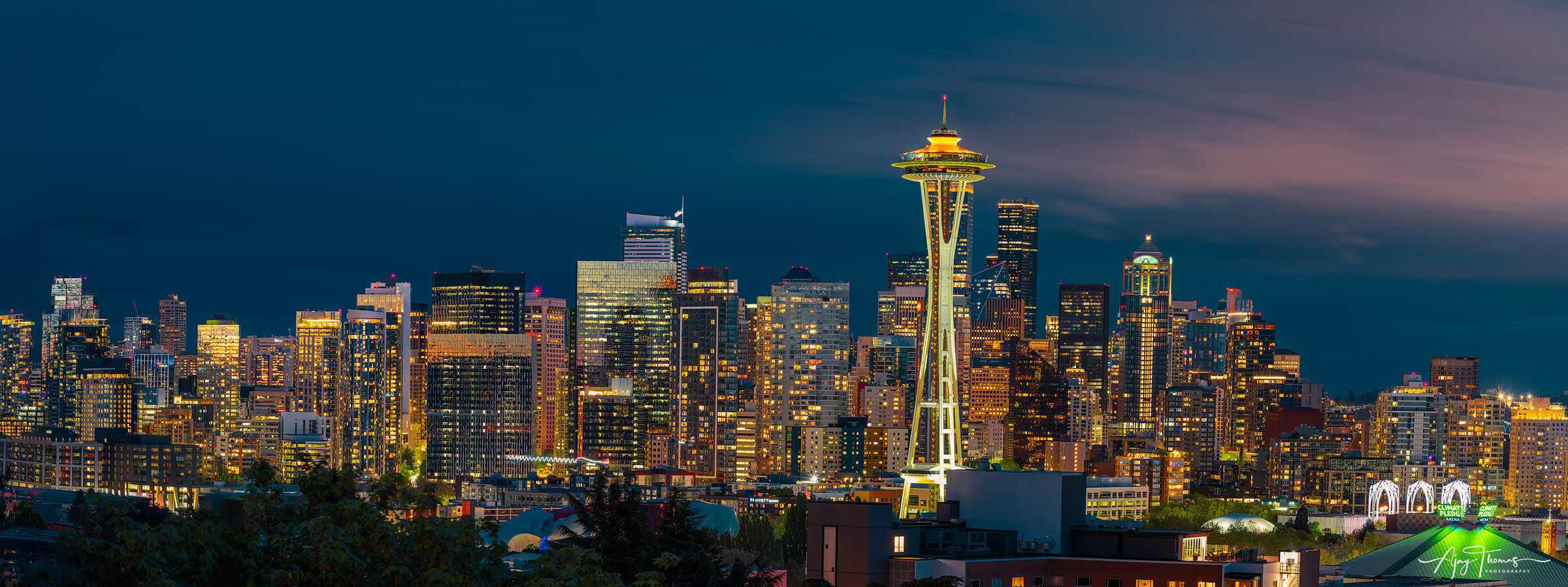 Seattle skyline panorama night photography , Huge wall art print for living room and office space wall decor 