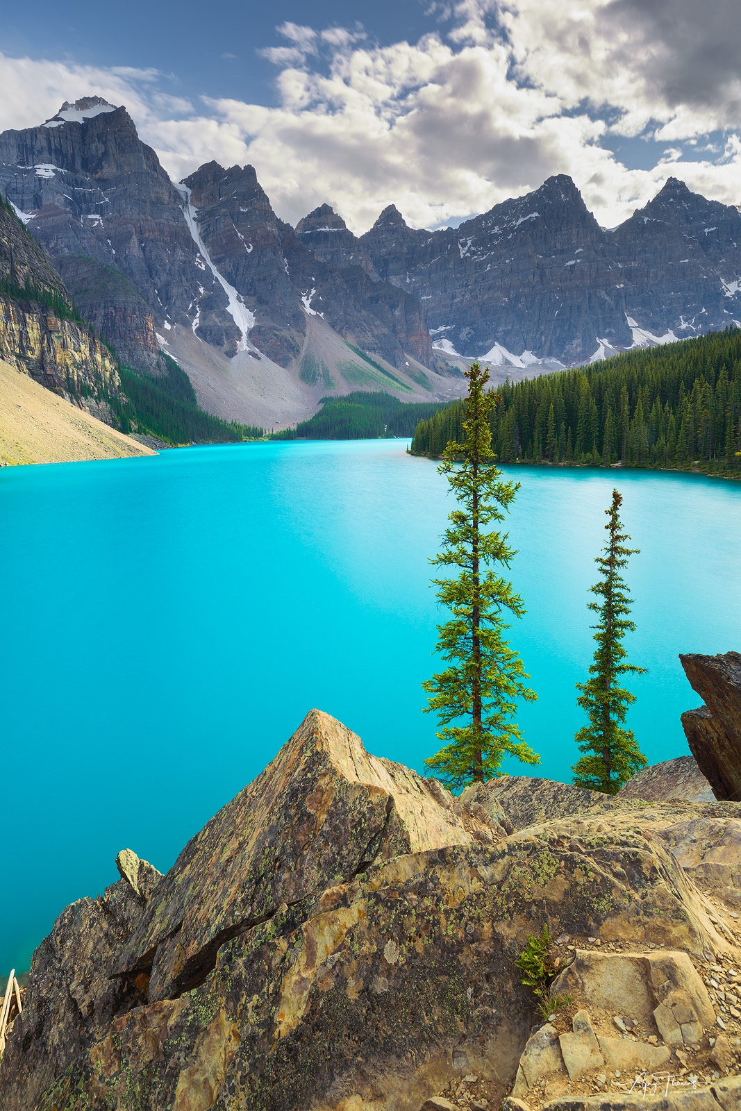 Tucked away below the foothills was this glacially-fed Moraine Lake 8.7 miles outside the village of Lake Louise, Alberta, Canada...