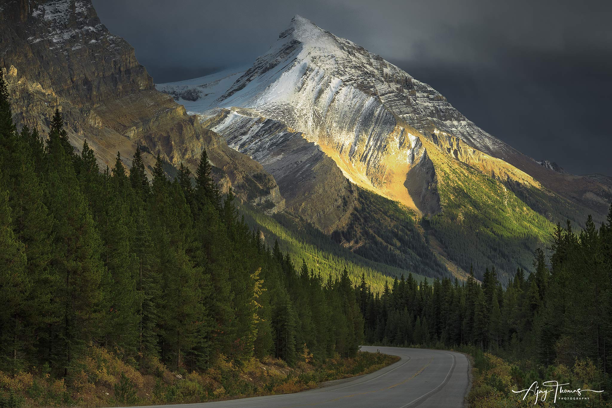 Beautiful evening light hitting the majestic mountains of Ice field parkway , Alberta .Quite possibly one of the most scenic...