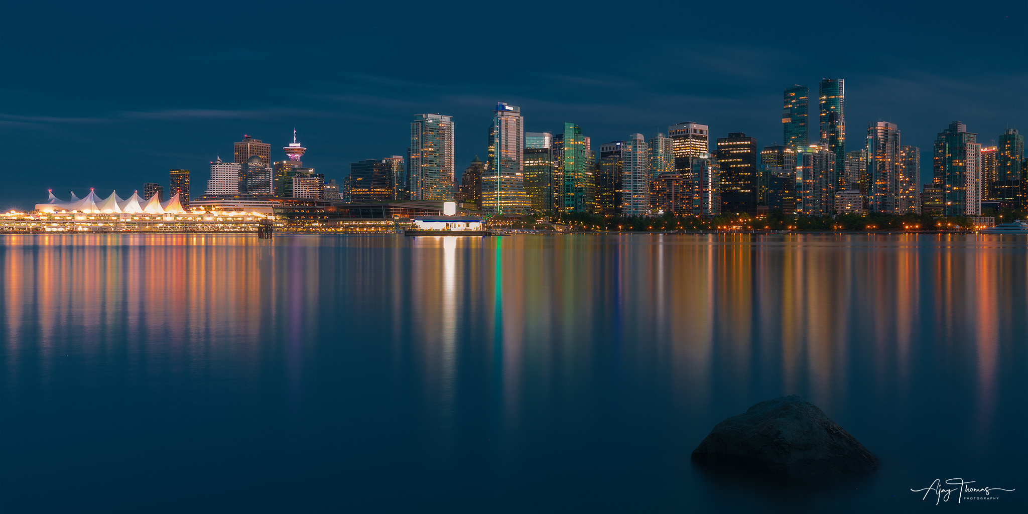 A Night View of Vancouver city skyline.Shot from Stanley park,Vancouver