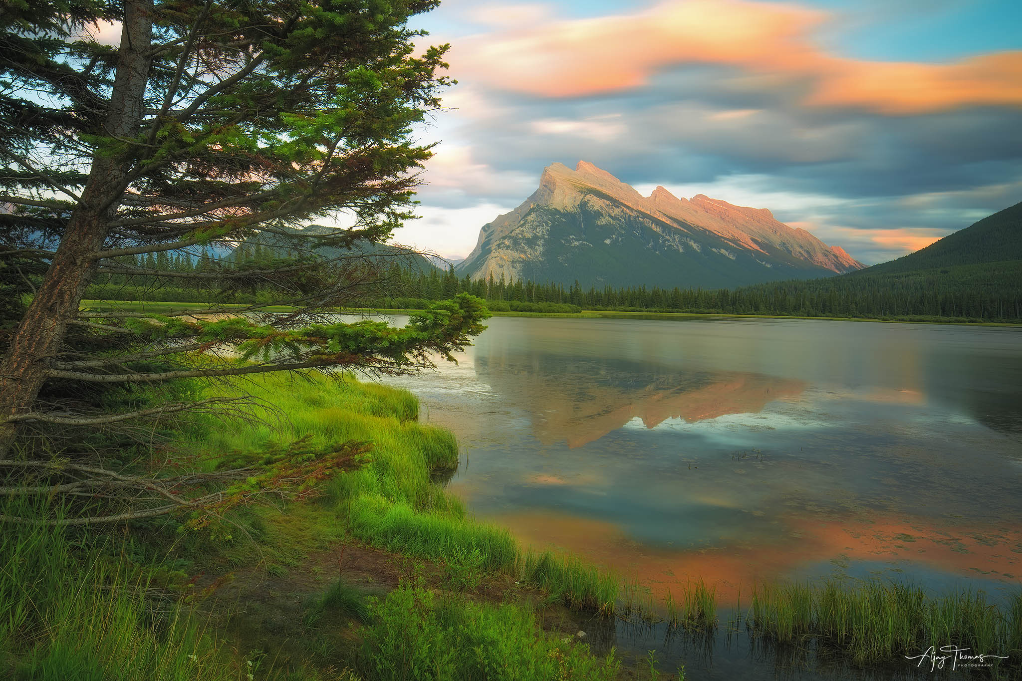 Mt.Rundle during sunset reflecting in vermillion lake. Banff National park Canada.