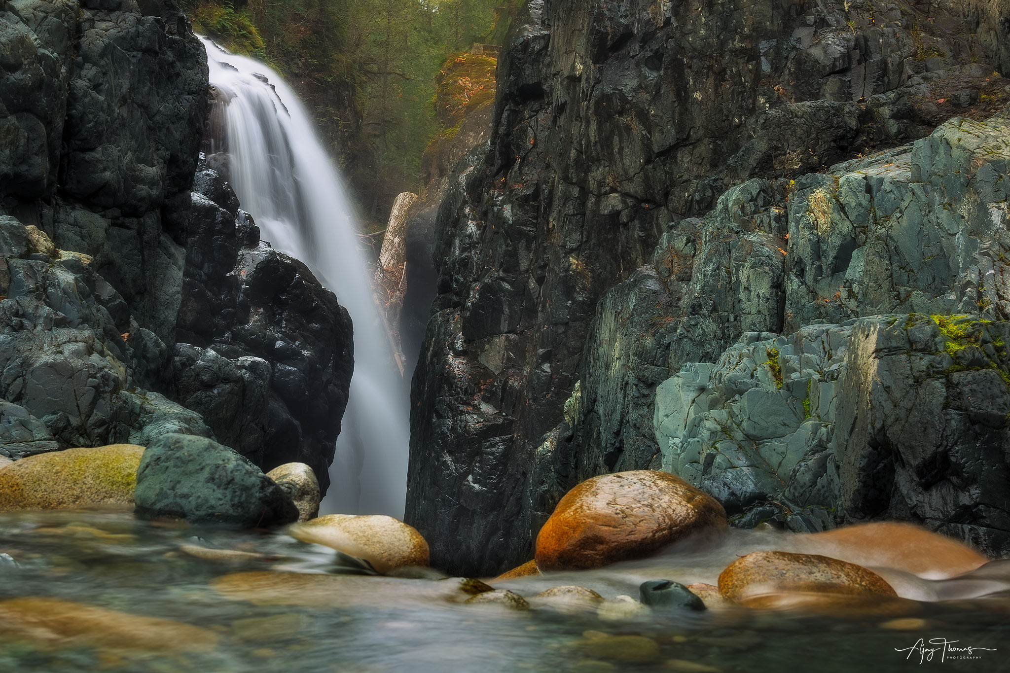 The majestic waterfalls of Englishman River Falls Provincial Park cascade down the rocky terrain amidst the lush forest, creating...